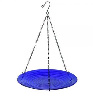 Blue hanging bird bath with chain on a white background