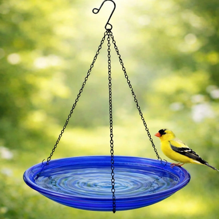 Blue bird bath with a yellow and black bird on a blurred green background