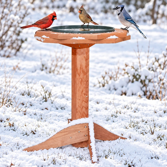 Western Red Cedar Heated Bird Bath with three songbirds perched on the rim, set in a snowy yard, showcasing its insulated design for winter use.