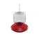 Dr. JB's Hummingbird Feeder 32 oz., close-up view showing the clear plastic bottle with a wide mouth, red base, and silver S-hook for hanging.