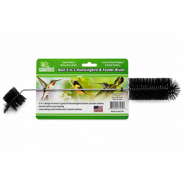 Dual-ended hummingbird feeder cleaning brush with large bottle brush and small port brush attached to retail packaging.