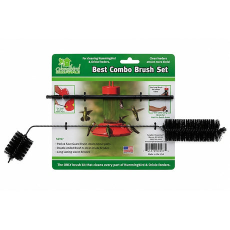 Combo brush cleaning kit for hummingbird and oriole feeders featuring multiple specialized brushes on retail packaging.