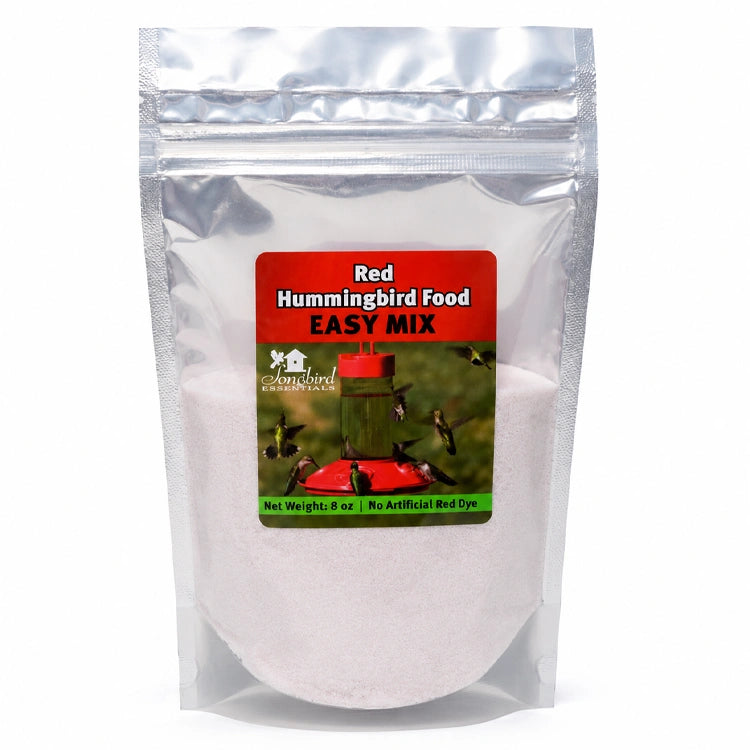 Red Hummingbird Food Easy Mix in resealable pouch packaging with hummingbird feeder label and red nectar mix inside.