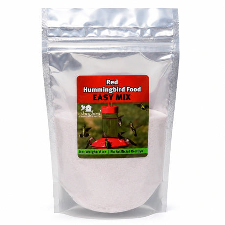 Red Hummingbird Food Easy Mix in resealable pouch packaging with hummingbird feeder label and red nectar mix inside.