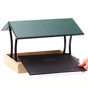 Birds Choice Medium Fly-Thru Green Roof feeder with green roof, black metal supports, wooden tray, and removable mesh panel for easy cleaning and seed dispensing.
