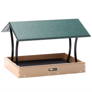 Birds Choice Medium Fly-Thru Green Roof feeder with a sloped roof and open tray, featuring a removable seed tray and sturdy metal supports for easy cleaning.