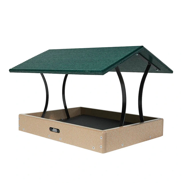 Platform bird feeder with green top and beige base on a white background