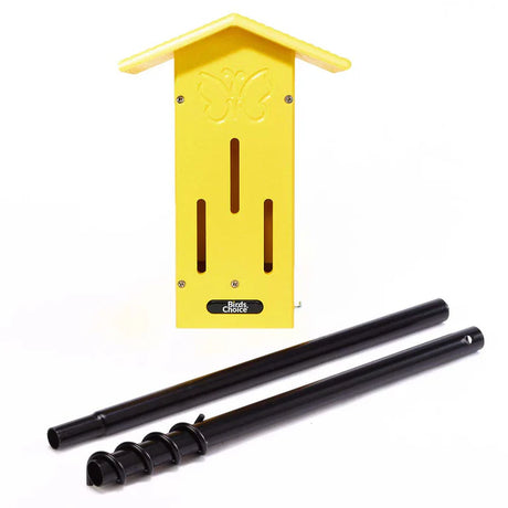 BirdsChoice Pole-Mounted Butterfly House with butterfly design, yellow recycled plastic, vertical feeding slots, on a two-piece mounting stake, stands 32 inches tall.