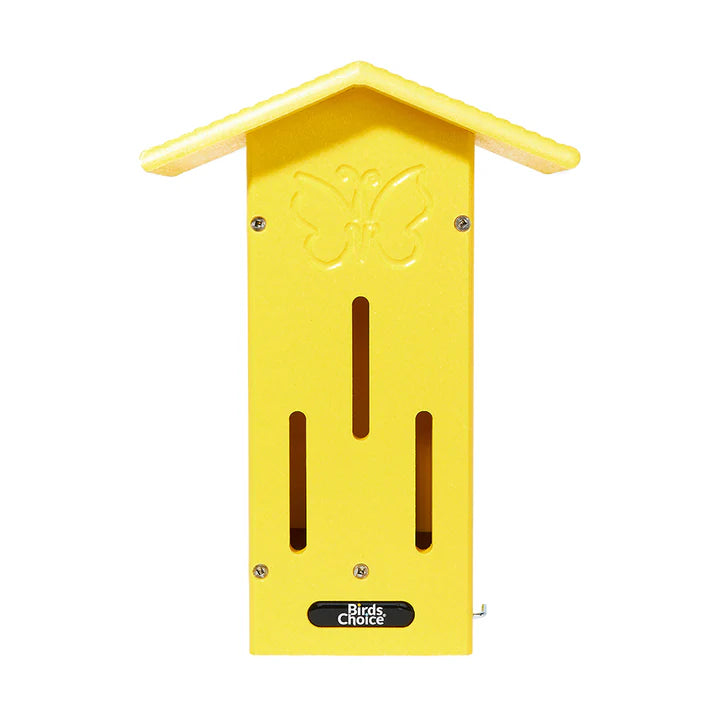 BirdsChoice Pole-Mounted Butterfly House, yellow with butterfly design, features vertical slots, and includes a pole for easy installation in shaded areas.