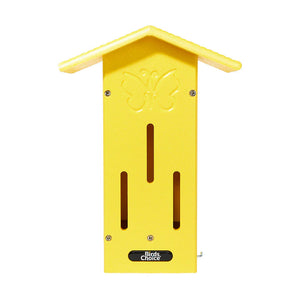 BirdsChoice Pole-Mounted Butterfly House, yellow with butterfly design, features vertical slots, and includes a pole for easy installation in shaded areas.
