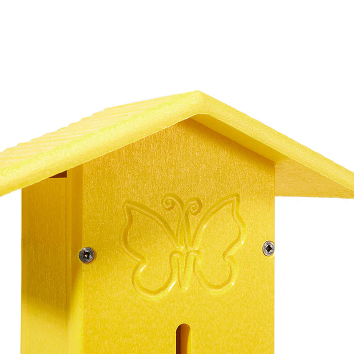 BirdsChoice Pole-Mounted Butterfly House: Bright-yellow plastic house with embossed butterfly, front slot for entry. Includes pole for garden installation.