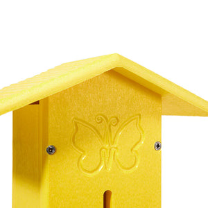 BirdsChoice Pole-Mounted Butterfly House: Bright-yellow plastic house with embossed butterfly, front slot for entry. Includes pole for garden installation.