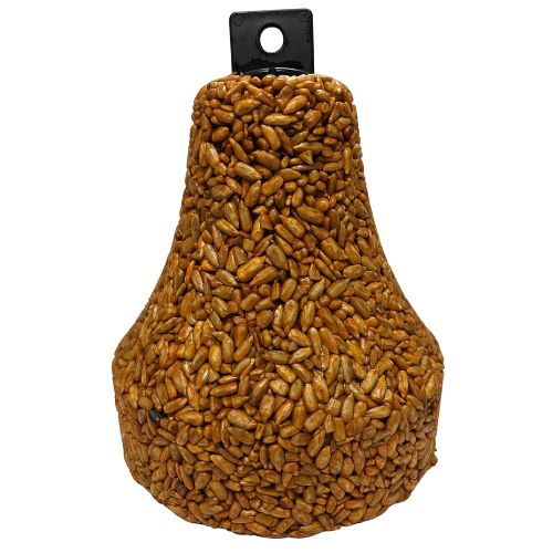Duncraft Sizzling Hearts Seed Bell, a bell-shaped seed block with integrated hanger, made of whole hearts and red pepper to deter squirrels. Suitable for wild birds.