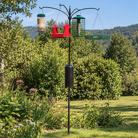 Squirrel-Proof Four Arm Bird Feeding Station with birds perched, featuring a squirrel baffle and durable black pole, standing in an outdoor setting.