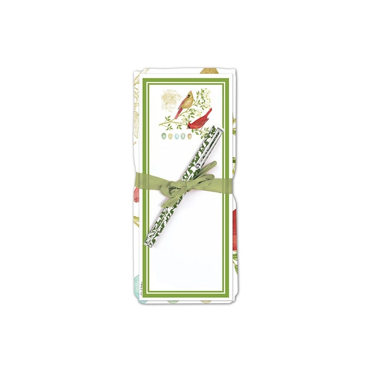 Flour Sack Towel & Magnetic Note Pad Set, Cardinal Pair, featuring a slim card bundle with green borders, bird illustrations, wrapped in a ribbon with a matching pencil.