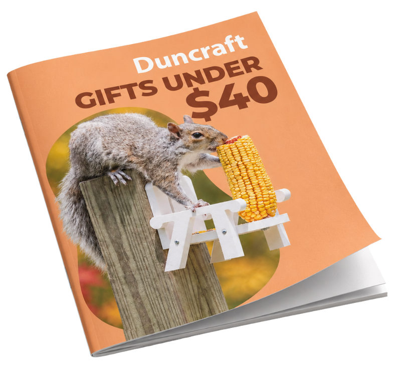 A 3D mockup of a Duncraft gift guide or booklet with a peach-orange cover, featuring a photo of a gray squirrel eating corn on a white feeder. The text 'Duncraft GIFTS UNDER $40' is printed on the cover.