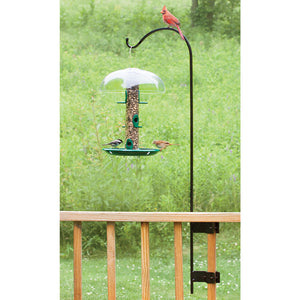 Vertical Mount Baluster Hanger with a bird feeder attached, showcasing birds perched on it, designed for porch use with adjustable clamp for square balusters.