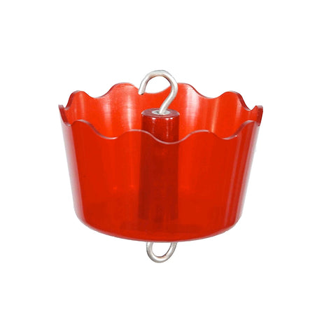 Red metal hanging basket with scalloped edge on a white background