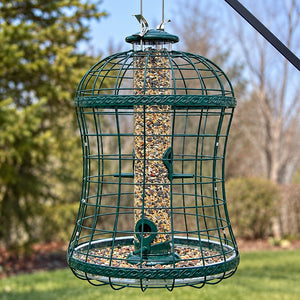 Green squirrel-resistant caged tube bird feeder filled with mixed bird seed, featuring a protective metal cage and seed-catching tray, hanging in a backyard setting.