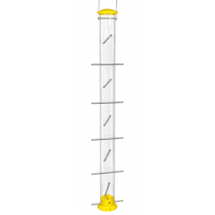 Yellow 35-inch Nyjer Tube Bird Feeder with 20 feeding ports, sturdy metal perches, clear polycarbonate seed tube, and die-cast metal top and base.