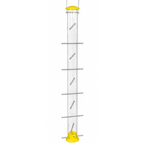 Yellow 35-inch Nyjer Tube Bird Feeder with 20 feeding ports, sturdy metal perches, clear polycarbonate seed tube, and die-cast metal top and base.