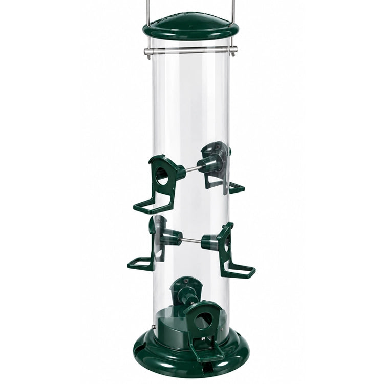 Large green tube bird feeder with clear seed reservoir, multiple feeding ports, sturdy perches, and metal hanging handle on white background.