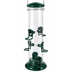 Large green tube bird feeder with clear seed reservoir, multiple feeding ports, sturdy perches, and metal hanging handle on white background.