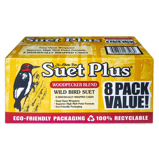 Suet Plus Woodpecker Suet Cakes, 8 Pack with easy-open, recyclable packaging featuring a woodpecker illustration, ideal for attracting suet-loving birds with a high melt-point formula.