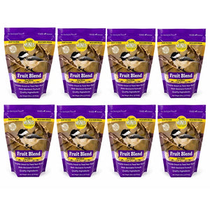 Eight packages of Suet Minis Fruit Blend bird food on a white background
