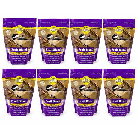 Eight packages of Suet Minis Fruit Blend bird food on a white background
