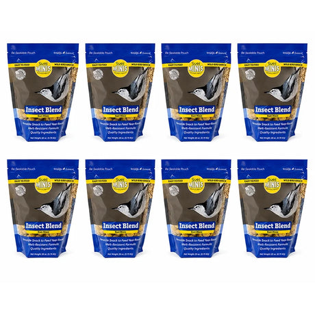 Eight packages of Suet Minis Insect Blend on a white background