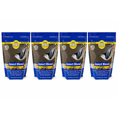 Four packages of Suet Minis insect blend on a white background