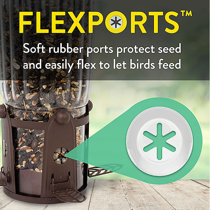 Perky-Pet Squirrel-Be-Gone Max Feeder, a large bird feeder with a clear reservoir, metal top, and ladder-style perches, designed to deter squirrels.