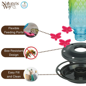 Seafoam Ombre Column Antique Hummingbird Feeder infographic highlighting built-in ant moat protection, embossed glass construction, and hummingbird-friendly feeding design.