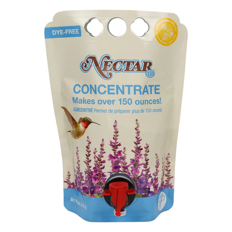 Clear Hummingbird Nectar Concentrate refill pouch with dispensing spout, formulated to make up to 150 ounces of nectar for hummingbird feeders.