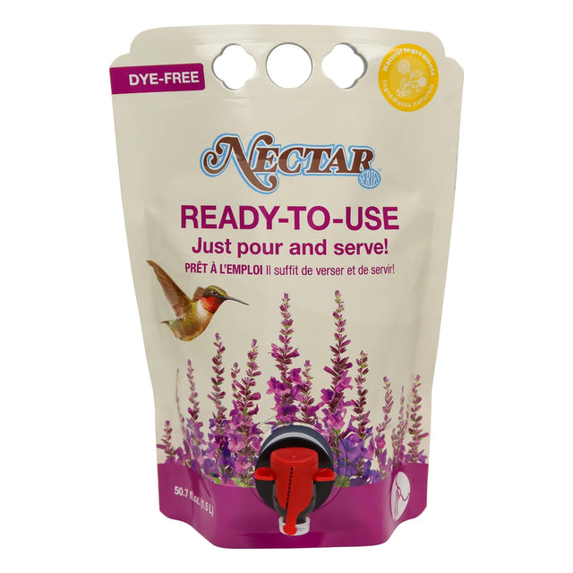 Large bottle of ready-to-use clear hummingbird nectar for easy hummingbird feeder maintenance.