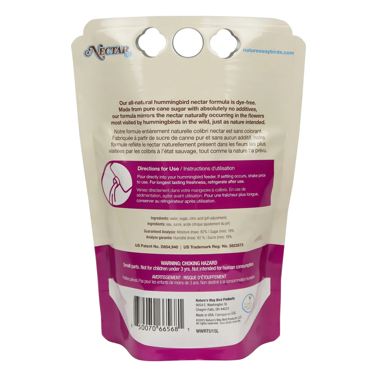 Back of a Large bottle of ready-to-use clear hummingbird nectar for easy hummingbird feeder maintenance.