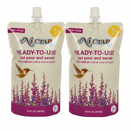 Set of two Ready-to-Use Clear Hummingbird Nectar pouches with resealable spouts, formulated for convenient hummingbird feeder refills with no mixing required.