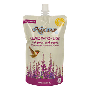 Ready-to-Use Clear Hummingbird Nectar pouch featuring easy-pour packaging and pre-mixed nectar formula for hummingbird feeders.