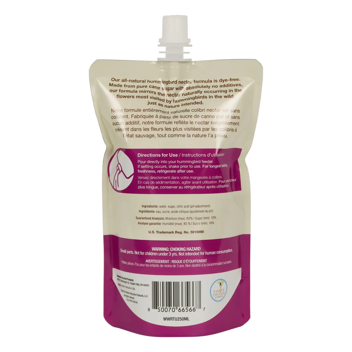 Rear view of the Ready-to-Use Clear Hummingbird Nectar pouch displaying product information, feeding instructions, and usage guidelines.