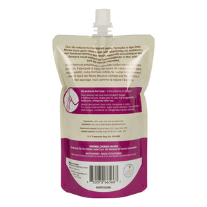 Rear view of the Ready-to-Use Clear Hummingbird Nectar pouch displaying product information, feeding instructions, and usage guidelines.