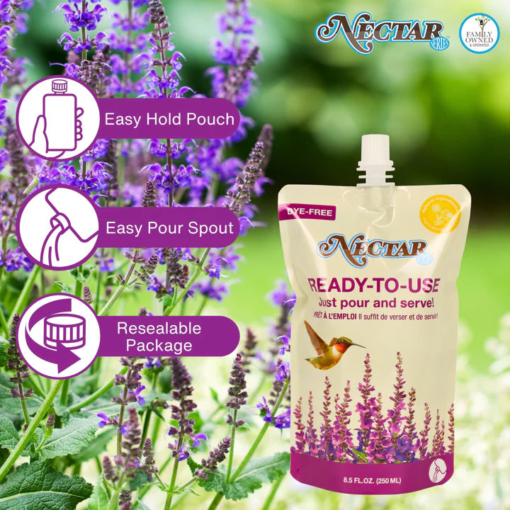 Ready-to-Use Clear Hummingbird Nectar packaging displayed with feature callouts highlighting no-mix convenience, clear nectar formula, and hummingbird-friendly ingredients.