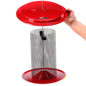 Magnet Mesh 5 Quart Sunflower Feeder with cylindrical metal-mesh holder, red lid and tray, designed for easy hanging and feeding, holds 10 lbs of seed.