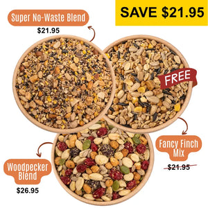 3 Bowls of birdseed from a birds eye view, specifically: Fancy Finch Mix, Super No-Waste Blend, and Woodpecker Blend