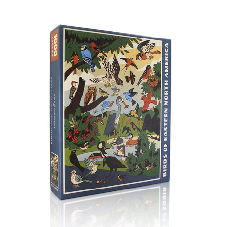 1,000-piece Birds of Eastern North America puzzle box, featuring stylized illustrations of diverse bird species in a lush forest setting.