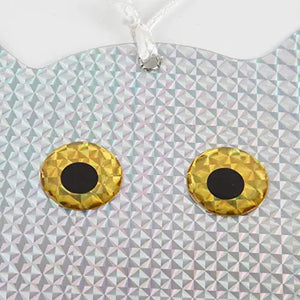 Close-up of Owl Bird Repellent Reflective Holographic necklace, featuring gold circles resembling eyes, designed to deter birds. Pack of 2 for versatile use.