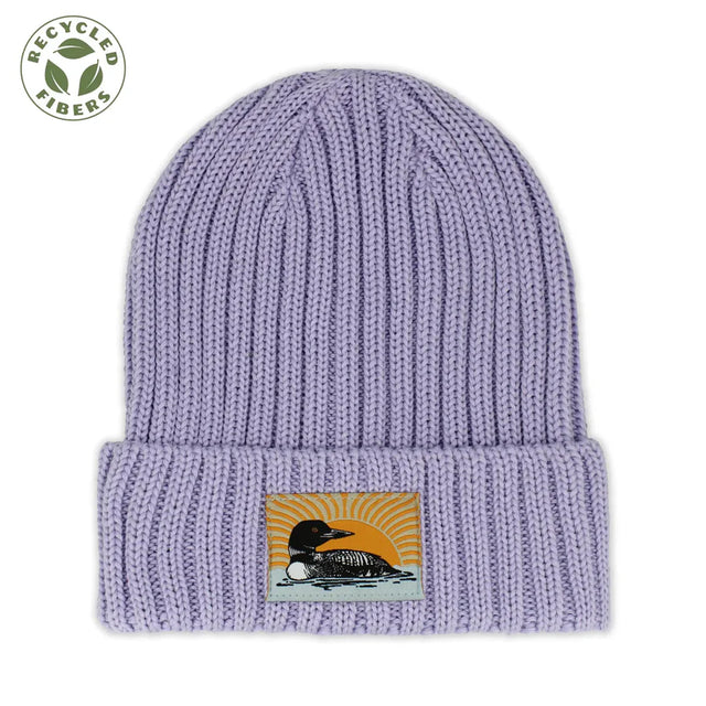 Bird Collective Loon Ribbed Recycled Beanie with folded cuff, featuring a loon and sun patch; crafted from recycled fibers for warmth and style.
