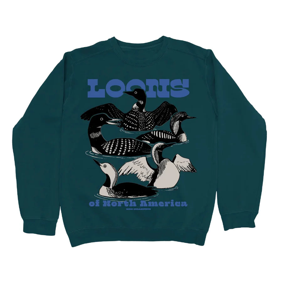Loons of North America Sweatshirt features stylized loon illustrations and text, highlighting North American species. Unisex fit, screen printed with PVC-free inks.